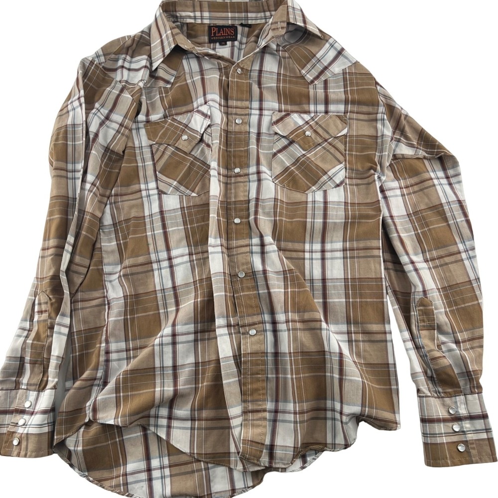 Plains Western Wear Men's Snap Button‎ Down Shirt size Medium Brown Plaid